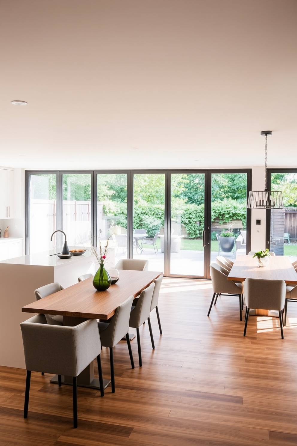 A compact bistro table is set against a backdrop of soft pastel walls. The table is surrounded by two stylish chairs, creating an inviting space for intimate dining. The kitchen features sleek cabinetry with modern hardware, seamlessly blending with the dining area. A pendant light hangs above the bistro table, adding warmth and charm to the combo design.