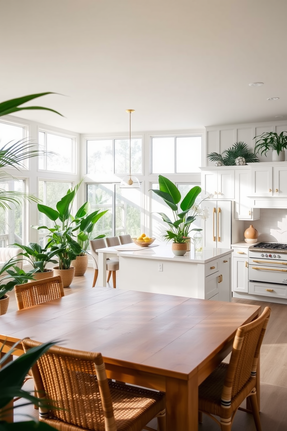 A bright and airy kitchen dining room combo with large windows allowing natural light to flood in. Tropical plants are strategically placed around the space, adding a fresh and vibrant vibe to the decor. The kitchen features sleek white cabinetry with brass handles and a large island topped with a light-colored stone. A wooden dining table with woven chairs complements the tropical theme, creating a welcoming atmosphere for family gatherings.