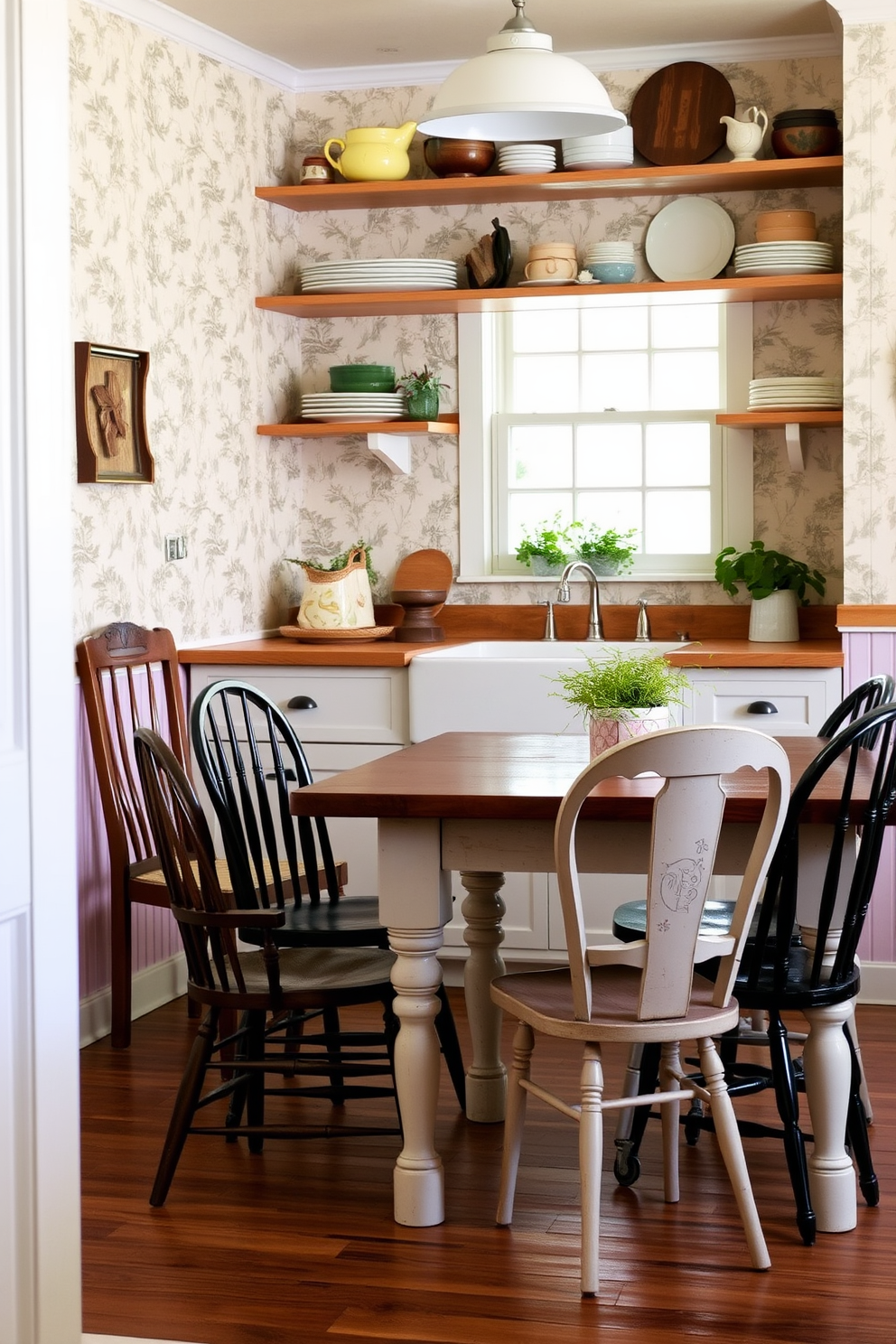 A cozy kitchen dining room combo with vintage accents that exude character and charm. The space features a reclaimed wood dining table surrounded by mismatched antique chairs, creating an inviting atmosphere. The walls are adorned with vintage-inspired wallpaper in soft pastel colors, complemented by open shelving displaying rustic dishware. A classic farmhouse sink sits beneath a window, with potted herbs adding a touch of greenery to the countertop.