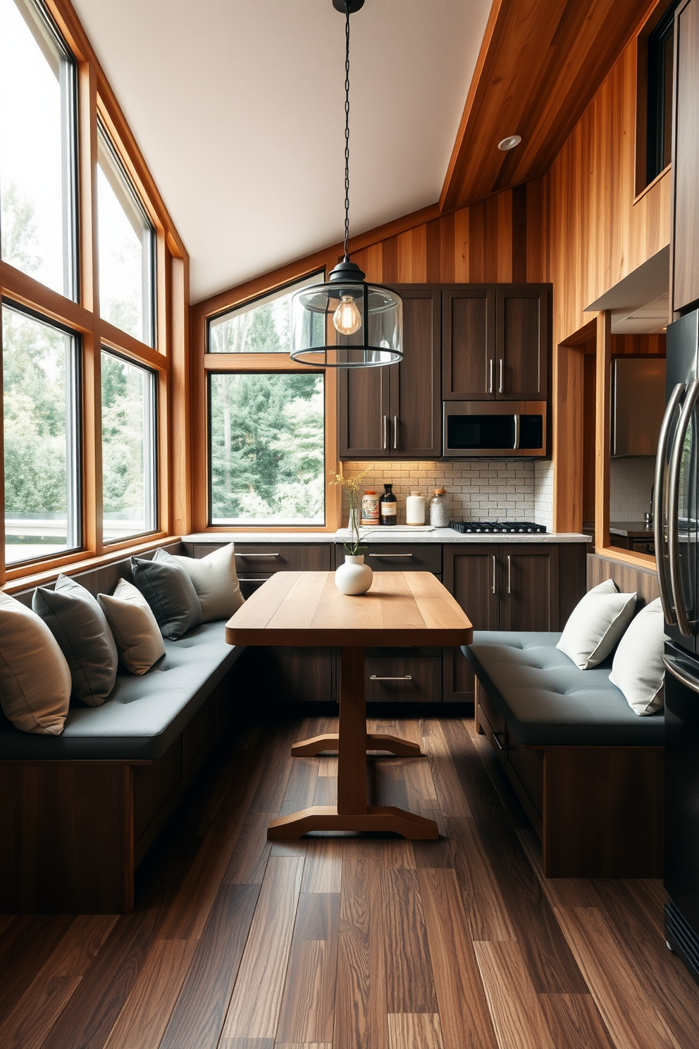 Cozy nook with built-in benches featuring soft cushions and a wooden table in the center. The walls are adorned with warm-toned wood paneling, and large windows allow natural light to flood the space. In the kitchen dining room combo, sleek cabinetry complements the modern appliances. A stylish pendant light hangs above the table, creating an inviting atmosphere for meals and gatherings.