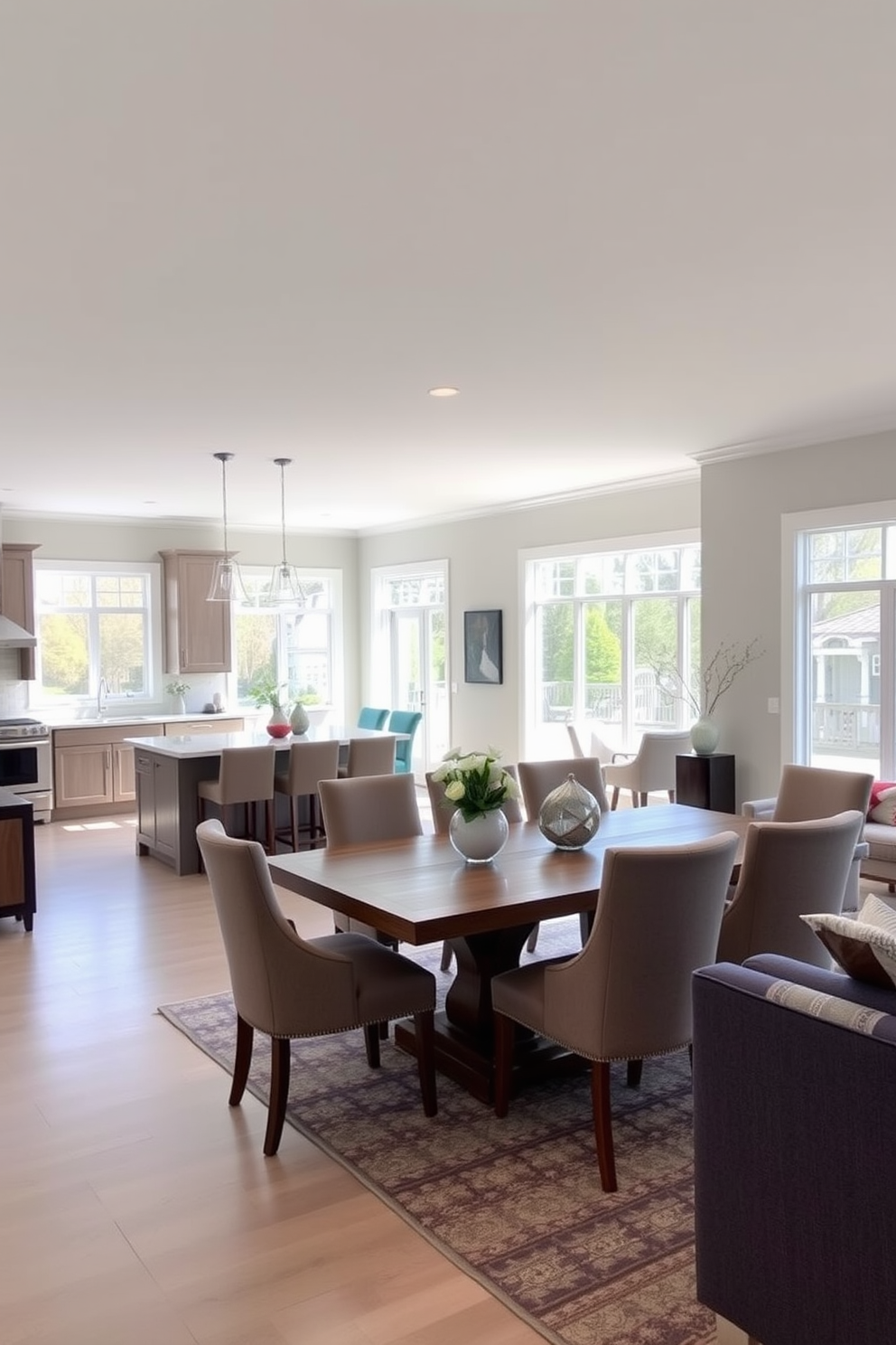 A cozy kitchen dining room combo featuring layered rugs for added comfort. The space includes a large wooden dining table surrounded by upholstered chairs, with a vibrant area rug underneath that complements the kitchen's color palette. The kitchen boasts sleek cabinetry with modern appliances and a spacious island that doubles as a breakfast bar. Soft lighting fixtures hang above the table, creating an inviting atmosphere for family meals and gatherings.