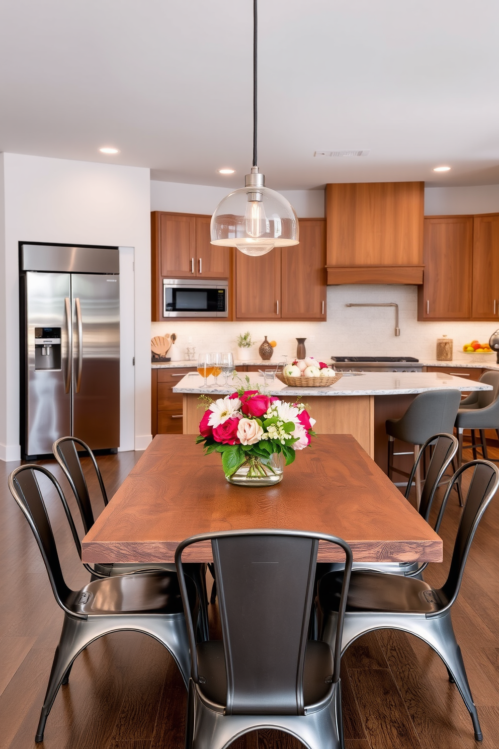 A stylish kitchen dining room combo featuring a blend of materials for visual interest. The kitchen showcases sleek stainless steel appliances paired with warm wooden cabinetry and a large island topped with a polished granite surface. In the dining area, a rustic wooden table is surrounded by modern metal chairs, creating a striking contrast. Soft pendant lighting hangs above the table, illuminating a centerpiece of fresh flowers and adding a touch of elegance to the space.