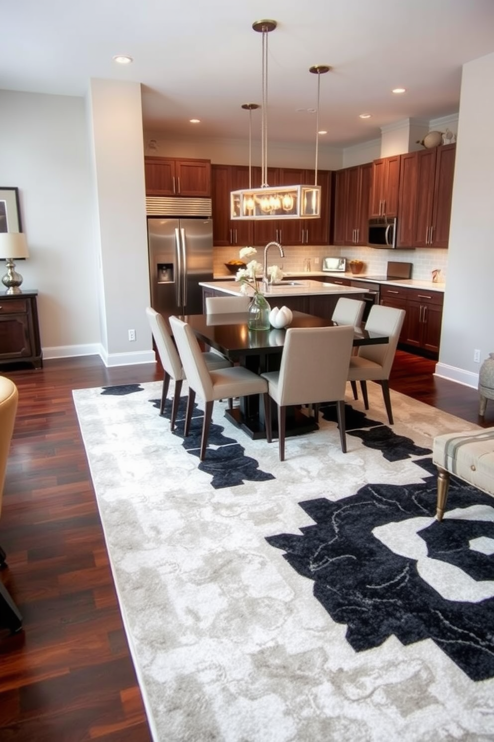 A stylish rug anchors the dining area, featuring a bold geometric pattern that complements the surrounding decor. The dining table is surrounded by elegant chairs, with the rug adding warmth and texture to the space. In the kitchen dining room combo, sleek cabinetry and modern appliances create a seamless flow. The rug ties together the kitchen and dining spaces, enhancing the overall aesthetic and functionality of the area.