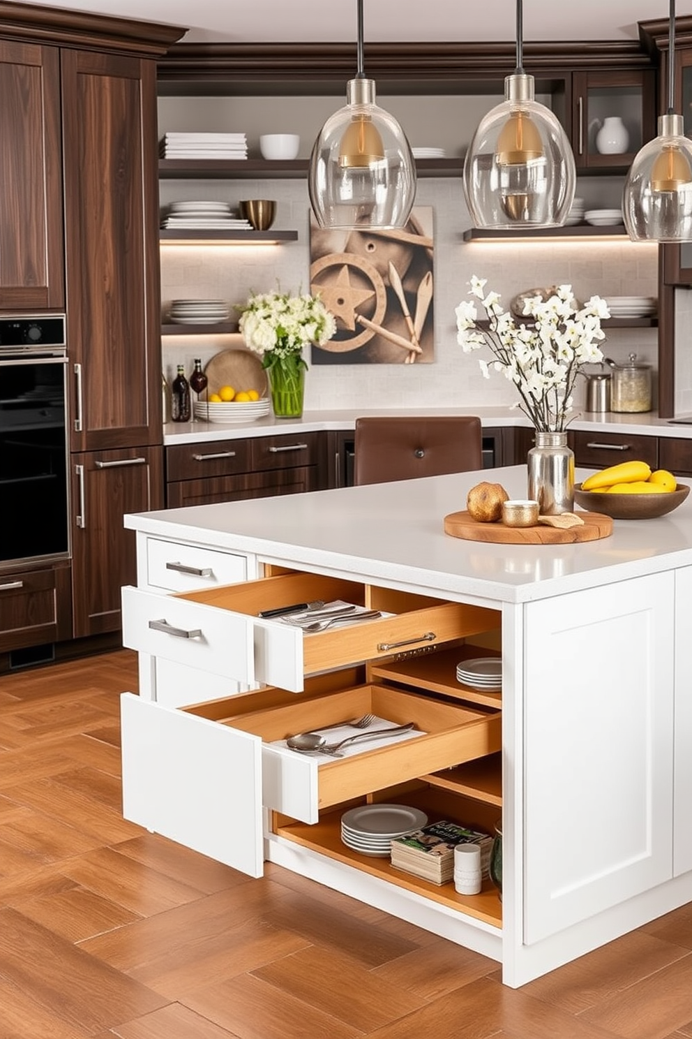 A stylish kitchen dining room combo features an island with innovative storage solutions. The island includes pull-out drawers and open shelving, seamlessly blending functionality with modern design.