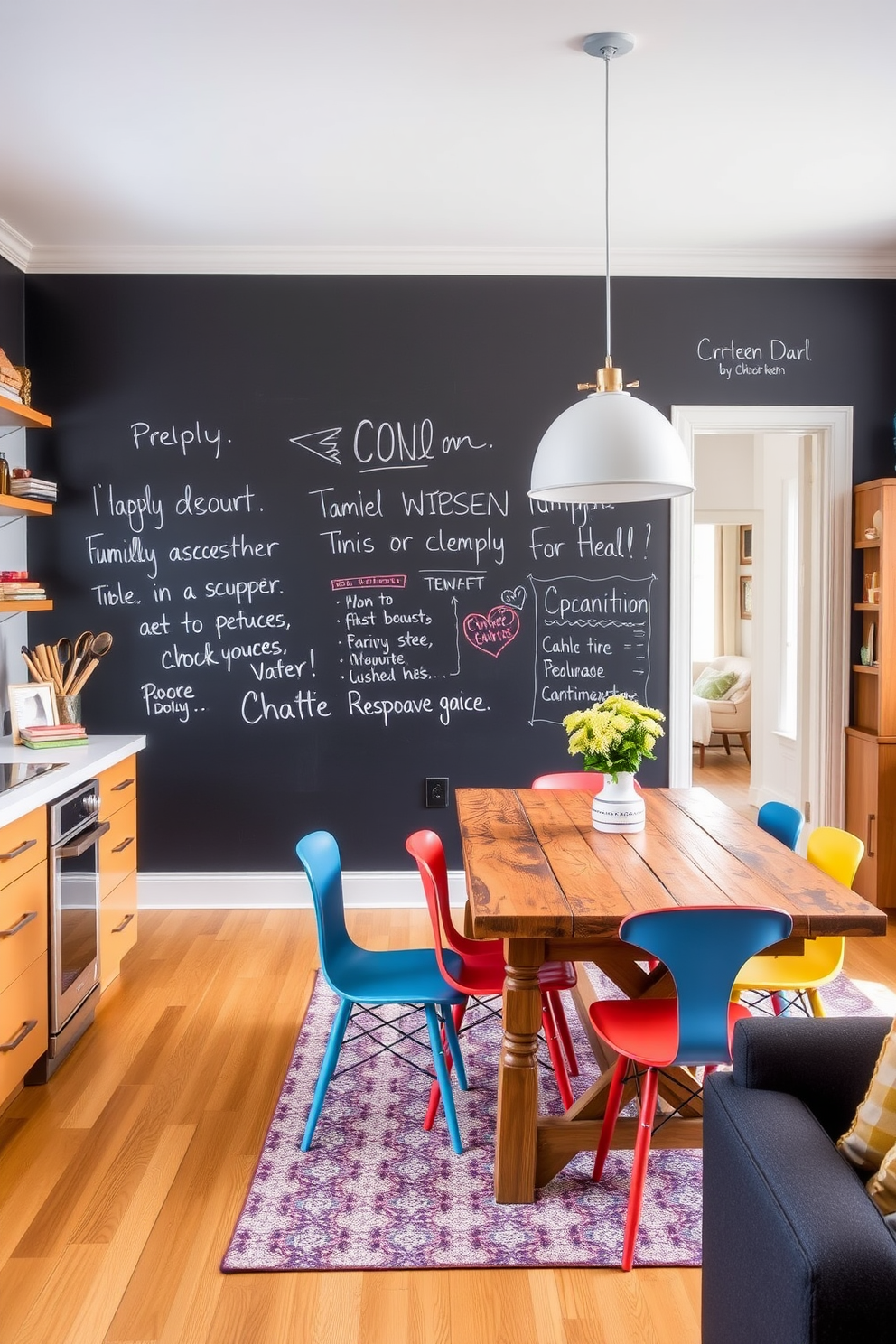 A vibrant kitchen dining room combo features a chalkboard wall perfect for fun messages and creative notes. The space is filled with modern furnishings, including a rustic wooden dining table surrounded by colorful chairs.