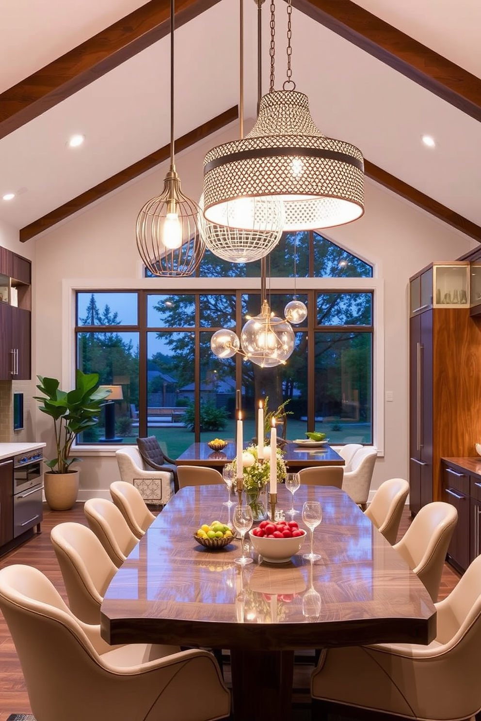 A spacious kitchen dining room combo features large windows that fill the space with natural light. The kitchen showcases a large island with bar seating, while the dining area boasts a stylish wooden table surrounded by comfortable chairs.