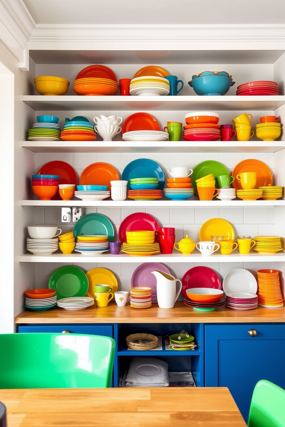 A vibrant kitchen dining room combo featuring colorful dishware artfully arranged on open shelves. The shelves are filled with an array of bright plates, bowls, and mugs, creating a cheerful and inviting atmosphere.