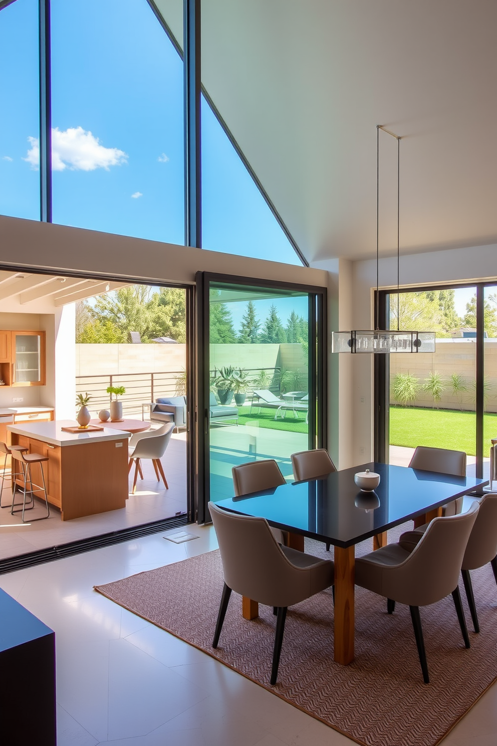 A modern kitchen dining room combo features sleek sliding doors that open up to a spacious outdoor patio. The kitchen boasts a large island with bar seating, while the dining area is adorned with a stylish table and elegant chairs, creating a seamless flow between the two spaces.