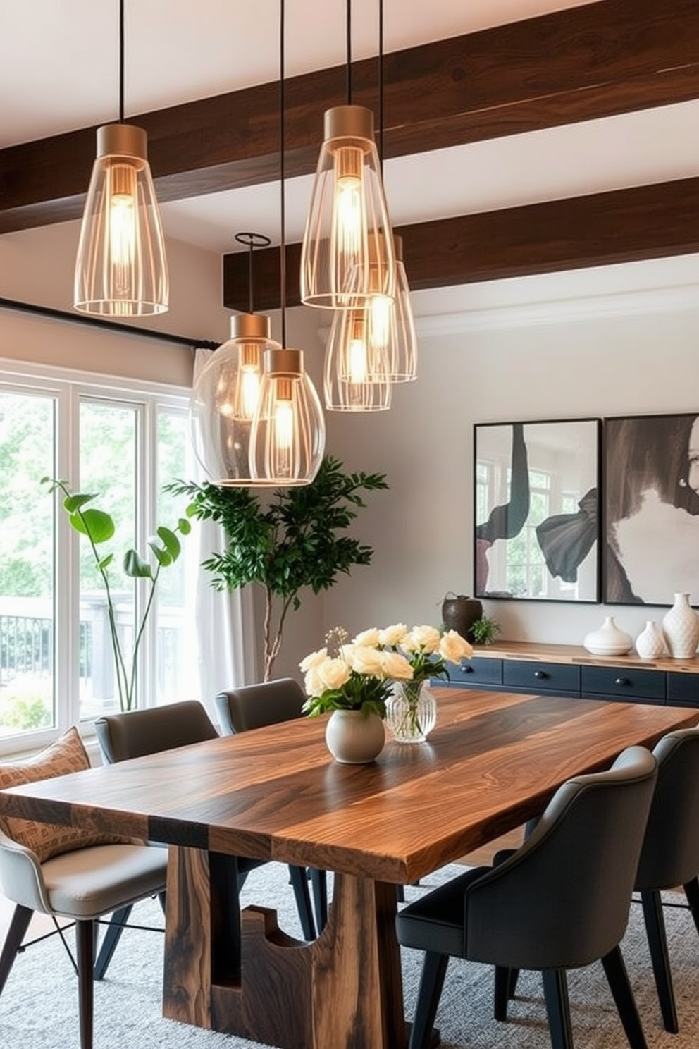 Elegant pendant lights hang gracefully above a modern dining table crafted from reclaimed wood. The dining room features a harmonious blend of contemporary and rustic elements, with soft neutral tones and lush greenery enhancing the inviting atmosphere.