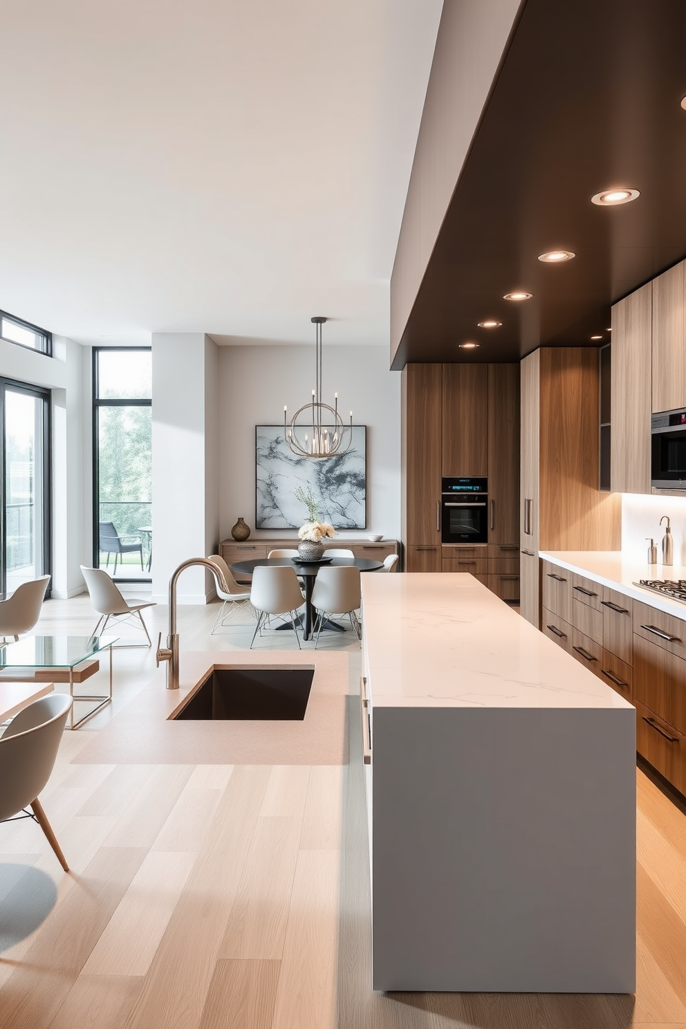 A modern kitchen dining room combo featuring sleek cabinetry with integrated storage solutions. The space includes a large island with built-in shelves and a dining table that doubles as a workspace, creating a seamless flow between cooking and dining areas. Natural light floods the room through oversized windows, highlighting the minimalist decor. A combination of warm wood tones and stainless steel finishes adds an inviting yet contemporary feel to the design.