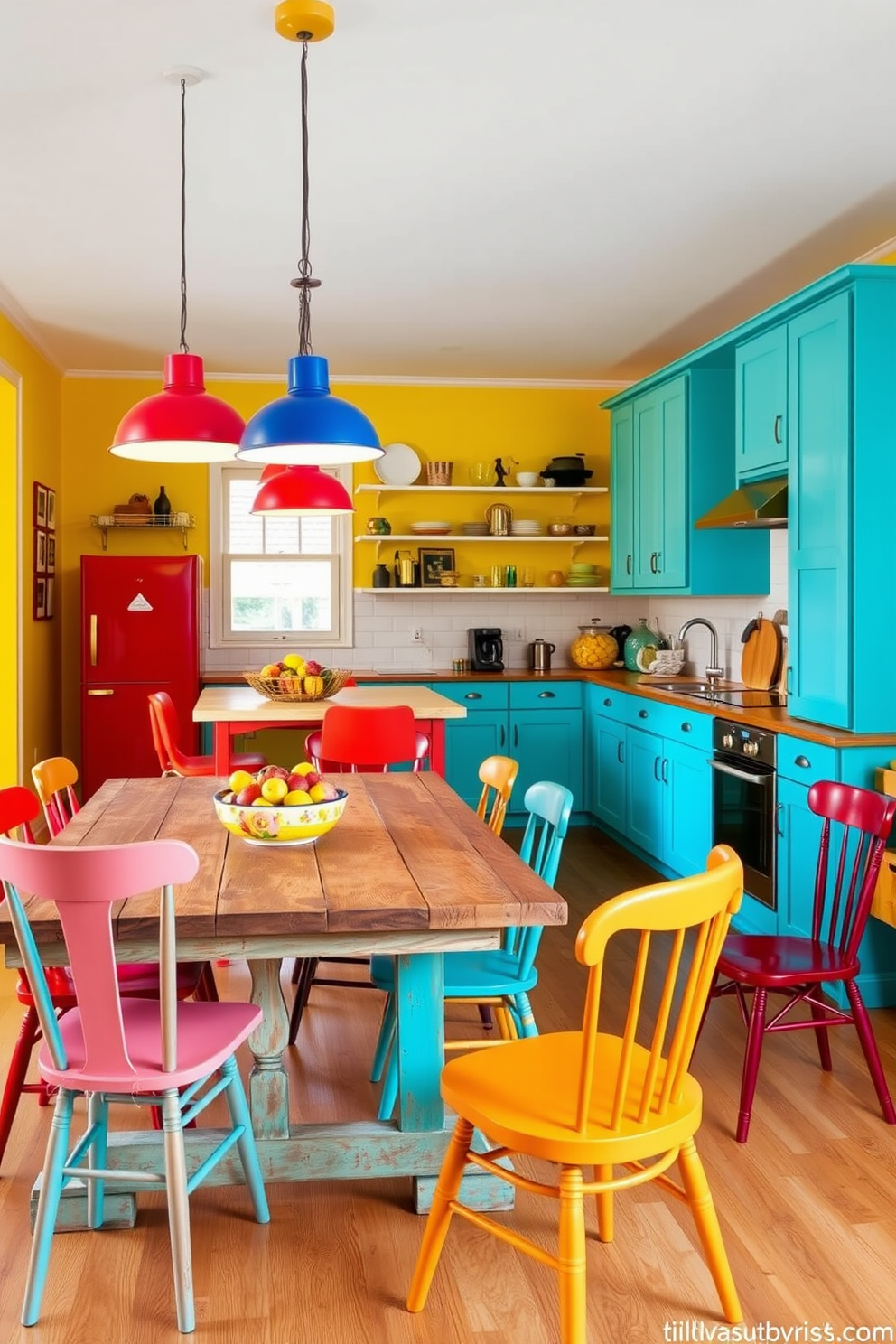 A vibrant kitchen dining room combo filled with bright colors to energize the space. The walls are painted a cheerful yellow while the cabinetry features a bold turquoise finish, creating a lively atmosphere. The dining table is a rustic wooden piece surrounded by mismatched chairs in various shades of red and orange. A colorful fruit bowl sits at the center of the table, and pendant lights in bright hues hang above, illuminating the area with warmth.