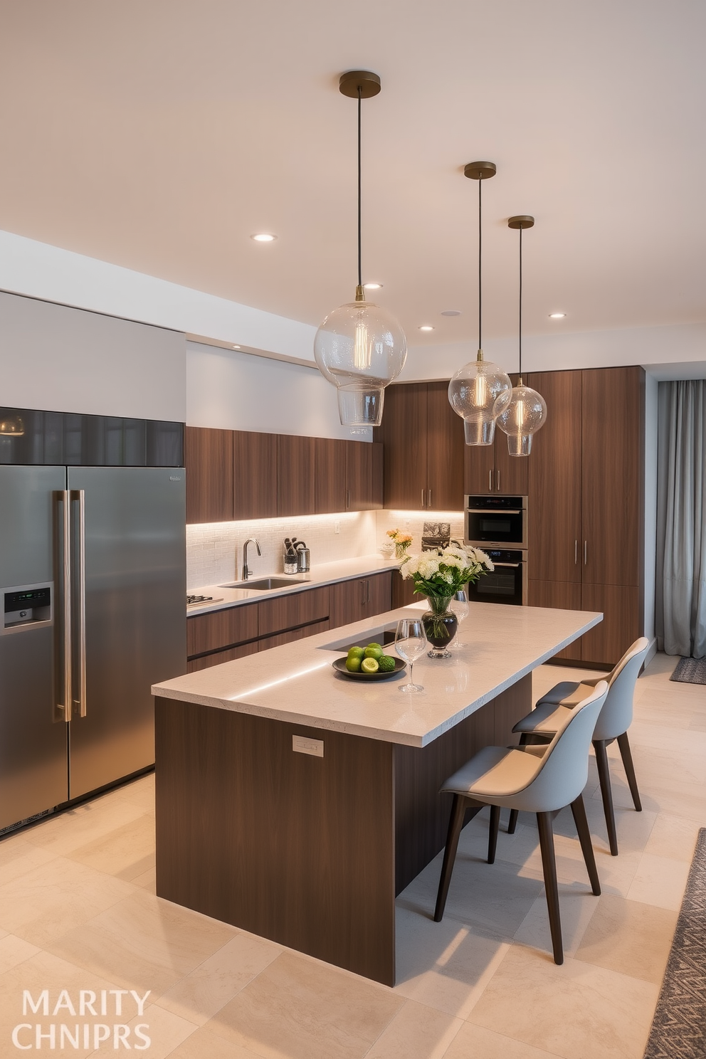 A modern kitchen dining room combo featuring integrated appliances that blend seamlessly with the cabinetry. The space showcases a large central island with bar seating, surrounded by elegant pendant lighting that enhances the contemporary aesthetic.