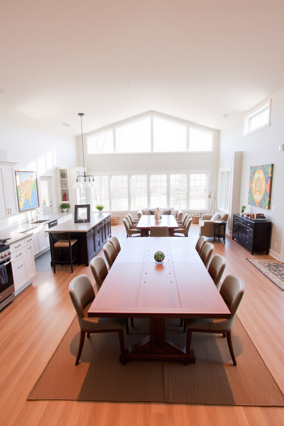 A stylish kitchen dining room combo featuring a sleek extendable table that can accommodate both intimate meals and larger gatherings. The chairs are modern with a minimalist design, and a built-in bench provides additional seating while maximizing space. The kitchen has a contemporary look with open shelving and a compact island that doubles as a prep area and casual dining spot. Soft lighting fixtures hang above the table, creating a warm and inviting atmosphere for family meals and entertaining guests.