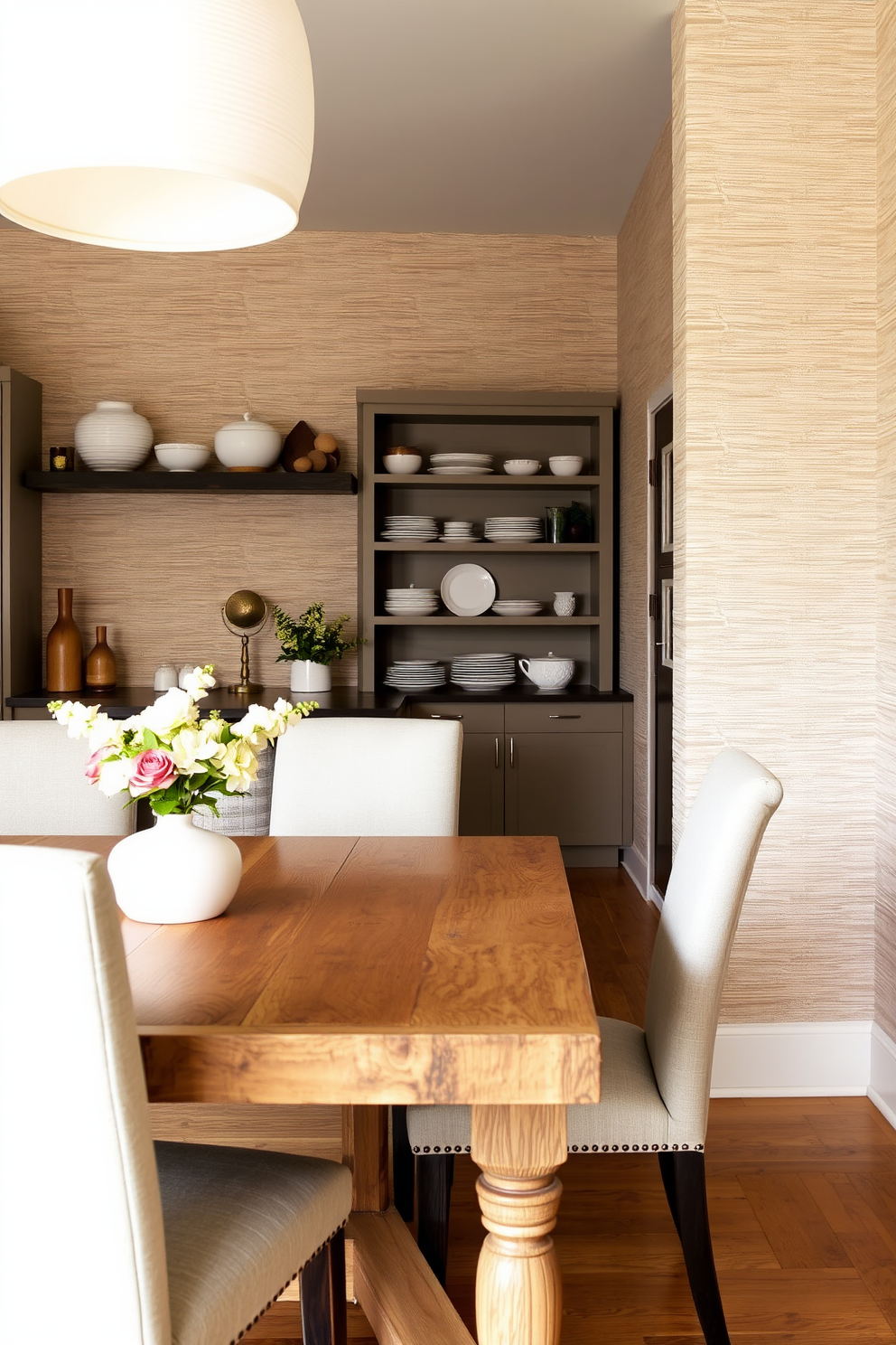 A coordinated color scheme for the kitchen dining room combo features soft blues and warm grays to create a harmonious atmosphere. The cabinetry is a light gray while the dining table is a rich navy, complemented by upholstered chairs in a subtle pattern that ties the colors together. Natural light floods the space through large windows, enhancing the inviting ambiance. Decorative elements like a centerpiece of fresh flowers and art pieces on the walls add personality while maintaining the cohesive color palette.