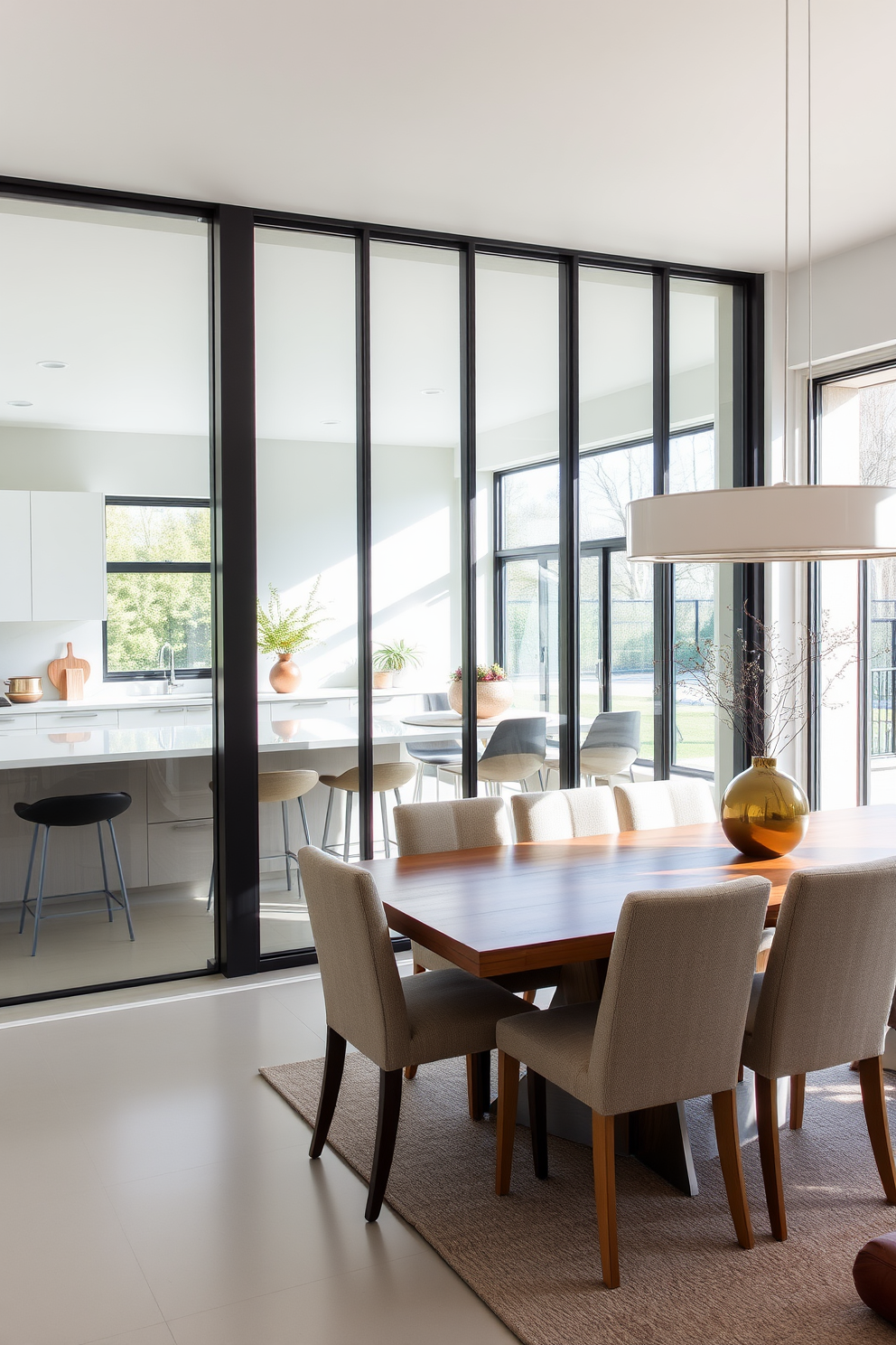 A minimalist kitchen dining room features sleek cabinetry with a matte finish and a large island that serves as both a workspace and a dining area. The room is adorned with simple pendant lighting above the island and a wooden dining table surrounded by modern chairs, creating an inviting yet uncluttered atmosphere.