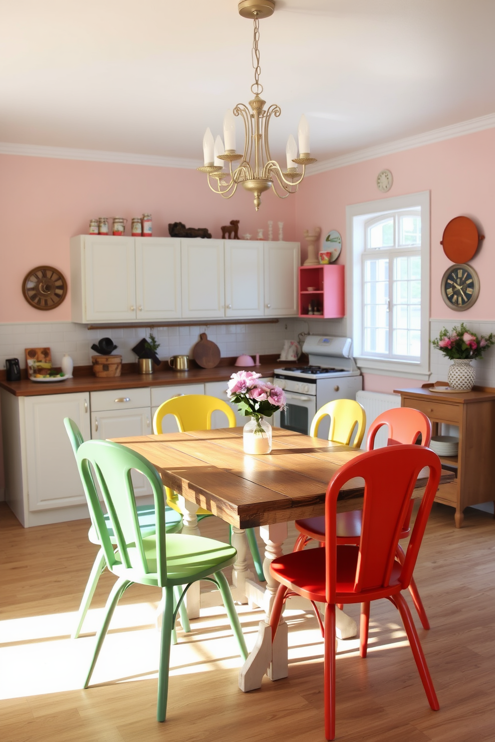 A charming kitchen dining room featuring vintage decor. The space is adorned with retro dining chairs in bright colors, complementing a rustic wooden table. The walls are painted in soft pastel shades, creating a warm and inviting atmosphere. A vintage chandelier hangs from the ceiling, casting a cozy glow over the dining area.