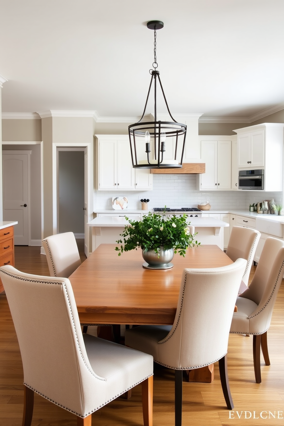 A serene kitchen dining room designed with neutral tones to create a calming atmosphere. The space features a large wooden dining table surrounded by upholstered chairs in soft beige, illuminated by a stylish pendant light overhead. The walls are painted in a light taupe shade, complemented by white cabinetry and natural wood accents. A centerpiece of fresh greenery sits on the table, enhancing the tranquil vibe of the room.