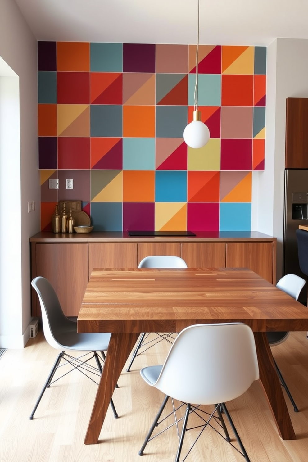 A striking kitchen dining room features a bold backsplash with geometric patterns in vibrant colors that draws the eye. The dining area includes a sleek wooden table surrounded by modern chairs, creating a perfect blend of style and functionality.