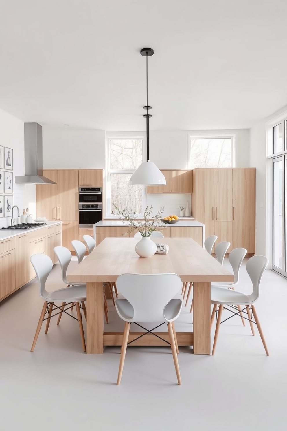 A Scandinavian kitchen dining room featuring light wood cabinetry and a large wooden dining table surrounded by simple yet elegant chairs. The space is filled with natural light from large windows, highlighting the neutral color palette of whites and soft grays.