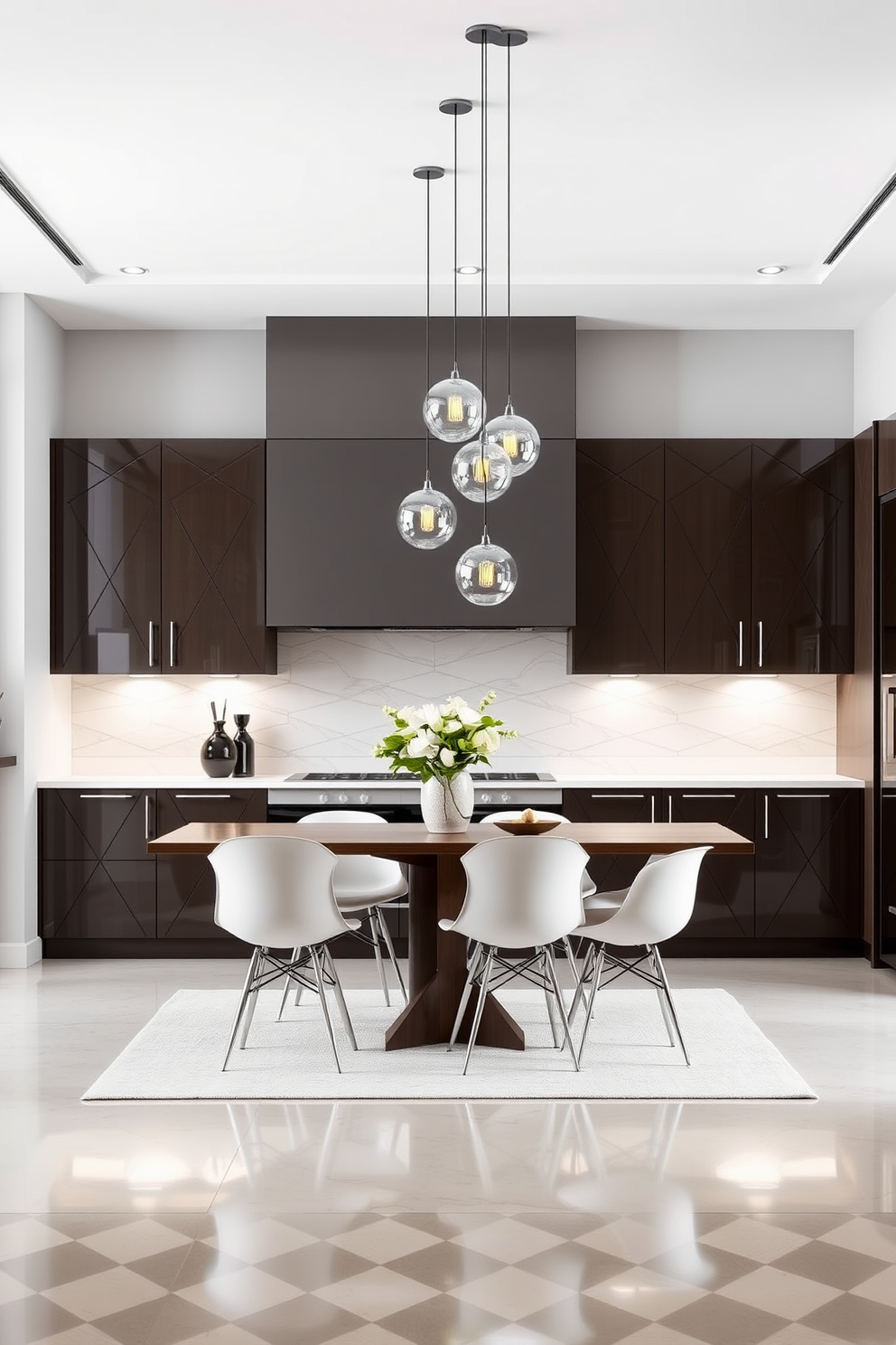 A contemporary kitchen dining room features sleek cabinetry with geometric patterns in a monochromatic color scheme. A large rectangular dining table is surrounded by modern chairs, and pendant lights hang above, adding a touch of elegance to the space.