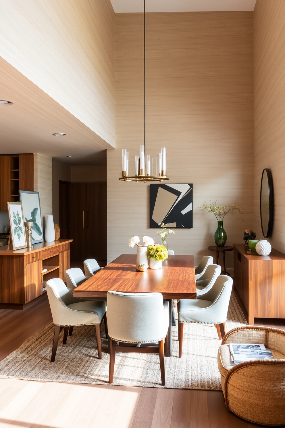 Textured walls create an inviting atmosphere in the kitchen dining room. The space features a large wooden dining table surrounded by upholstered chairs, with a statement light fixture hanging above. Warm neutral tones are used for the textured wall finish, enhancing the coziness of the room. A stylish sideboard displays decorative items and provides additional storage, while large windows allow natural light to flood the space.