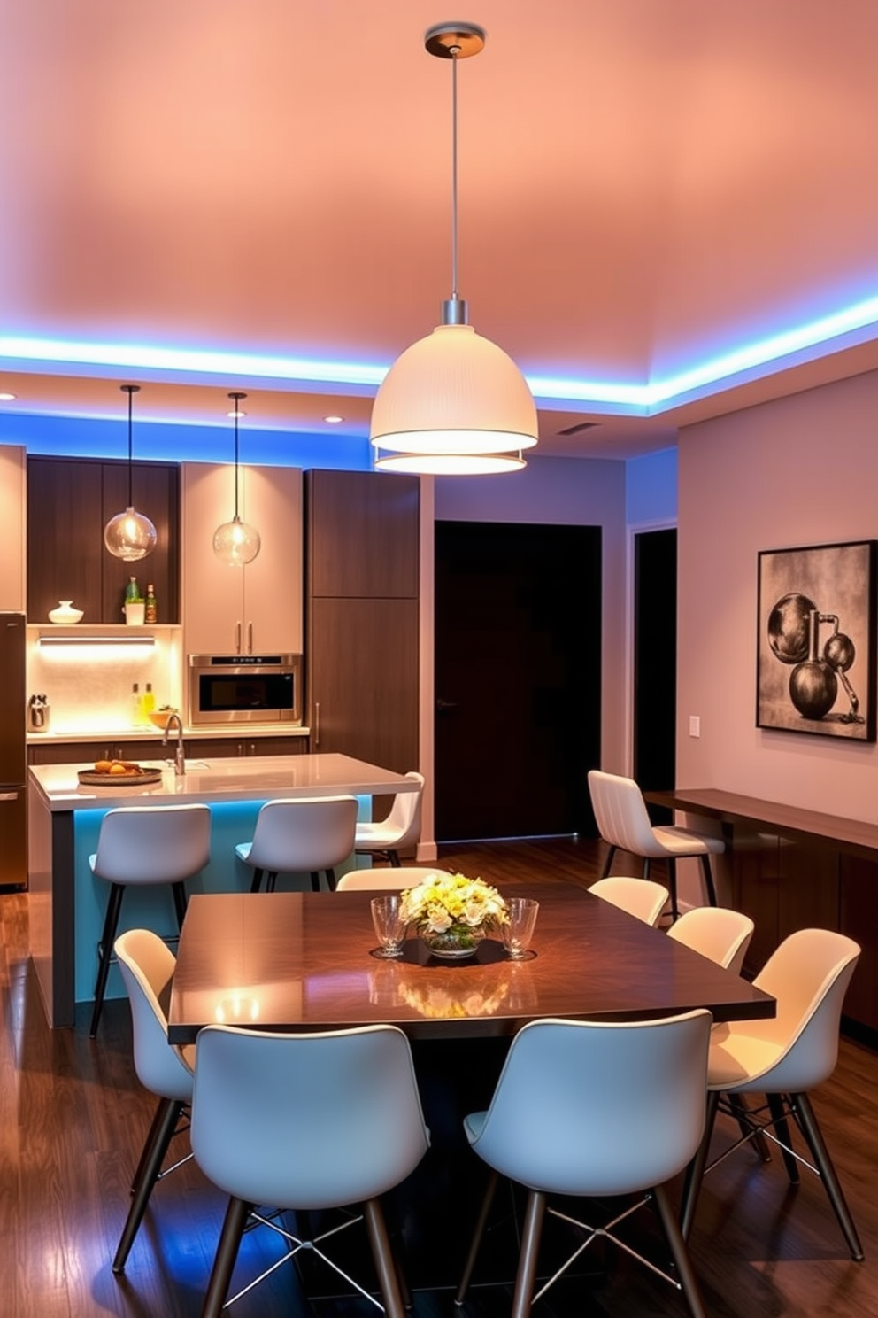 A modern kitchen dining room featuring smart lighting that adjusts color and intensity to create the perfect ambiance for any occasion. The dining table is surrounded by stylish chairs, and pendant lights hang above, providing both functionality and aesthetic appeal.