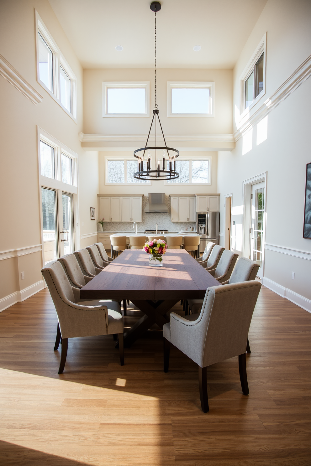 A stunning dining room featuring a statement chandelier suspended gracefully above a sleek wooden dining table. The room is adorned with elegant chairs that complement the table, and large windows allow natural light to fill the space. The walls are painted in a soft neutral tone, enhancing the warm ambiance of the room. A stylish area rug anchors the dining area, adding texture and comfort underfoot.