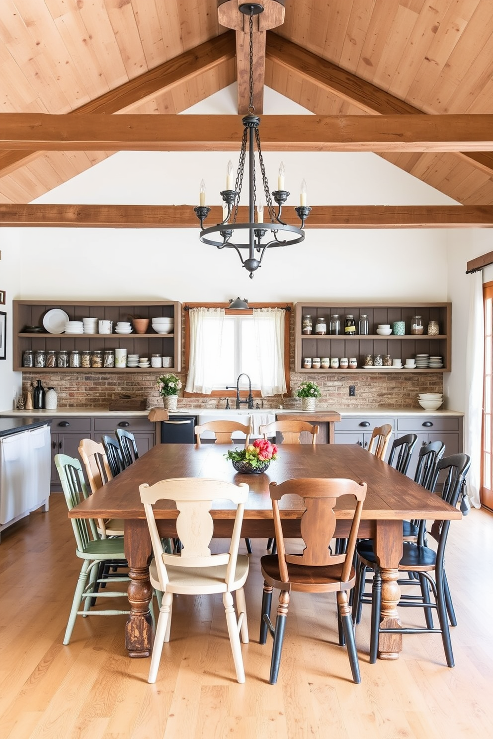 A rustic farmhouse kitchen dining room features a large wooden dining table surrounded by mismatched chairs that add character and charm. Exposed wooden beams stretch across the ceiling, while a vintage chandelier hangs above the table, creating a warm and inviting atmosphere. The kitchen area boasts open shelving displaying rustic dishware and mason jars filled with pantry staples. A farmhouse sink with a vintage faucet sits beneath a window framed by sheer curtains, allowing natural light to flood the space.