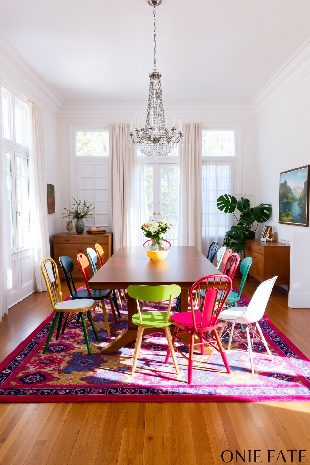 A bright and airy kitchen dining room filled with lush greenery. Large windows allow natural light to pour in, highlighting the vibrant plants placed throughout the space. A wooden dining table is surrounded by comfortable chairs, creating an inviting atmosphere. The walls are adorned with botanical prints, adding a fresh and lively touch to the decor.