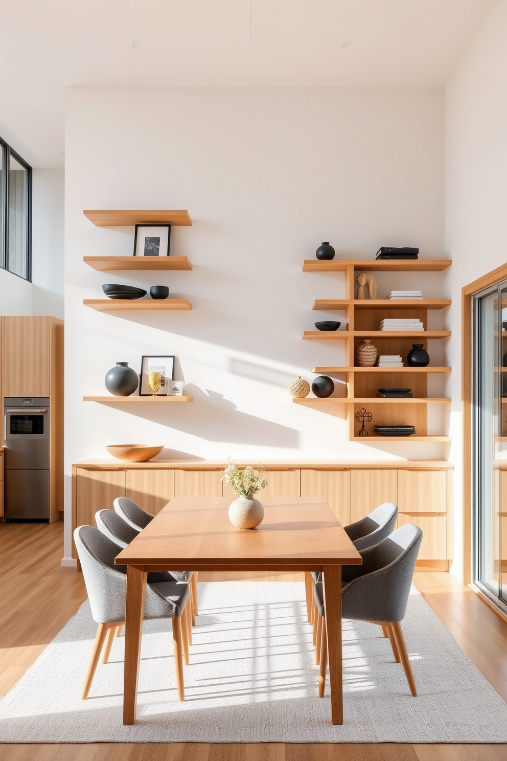 Artistic backsplash featuring intricate mosaic tiles in vibrant colors serves as a stunning focal point. The kitchen dining area is designed with a sleek wooden table surrounded by modern chairs, complemented by soft ambient lighting overhead.