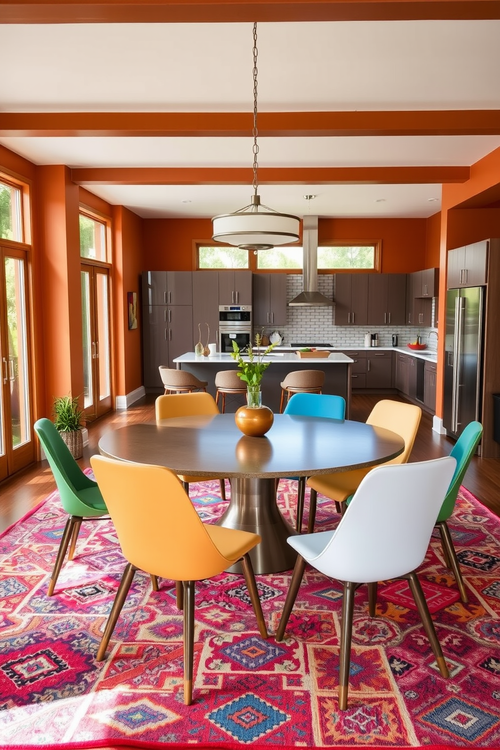 A vibrant dining area featuring a large round table surrounded by colorful patterned rugs that define the space. The walls are painted in warm tones, and large windows allow natural light to fill the room, highlighting the eclectic mix of chairs. The kitchen is designed with sleek cabinetry and modern appliances, seamlessly blending functionality with style. A stylish pendant light hangs above the table, creating an inviting atmosphere for family gatherings and entertaining guests.