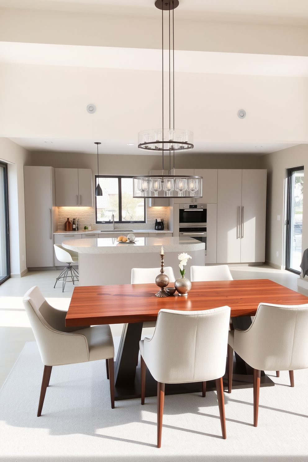 A modern kitchen dining room with integrated appliances that blend seamlessly into the cabinetry. The space features a large island with a waterfall countertop, surrounded by stylish bar stools and pendant lighting above. The dining area includes a sleek wooden table with upholstered chairs, complemented by a statement chandelier. Large windows allow natural light to fill the room, enhancing the warm color palette of soft grays and whites.