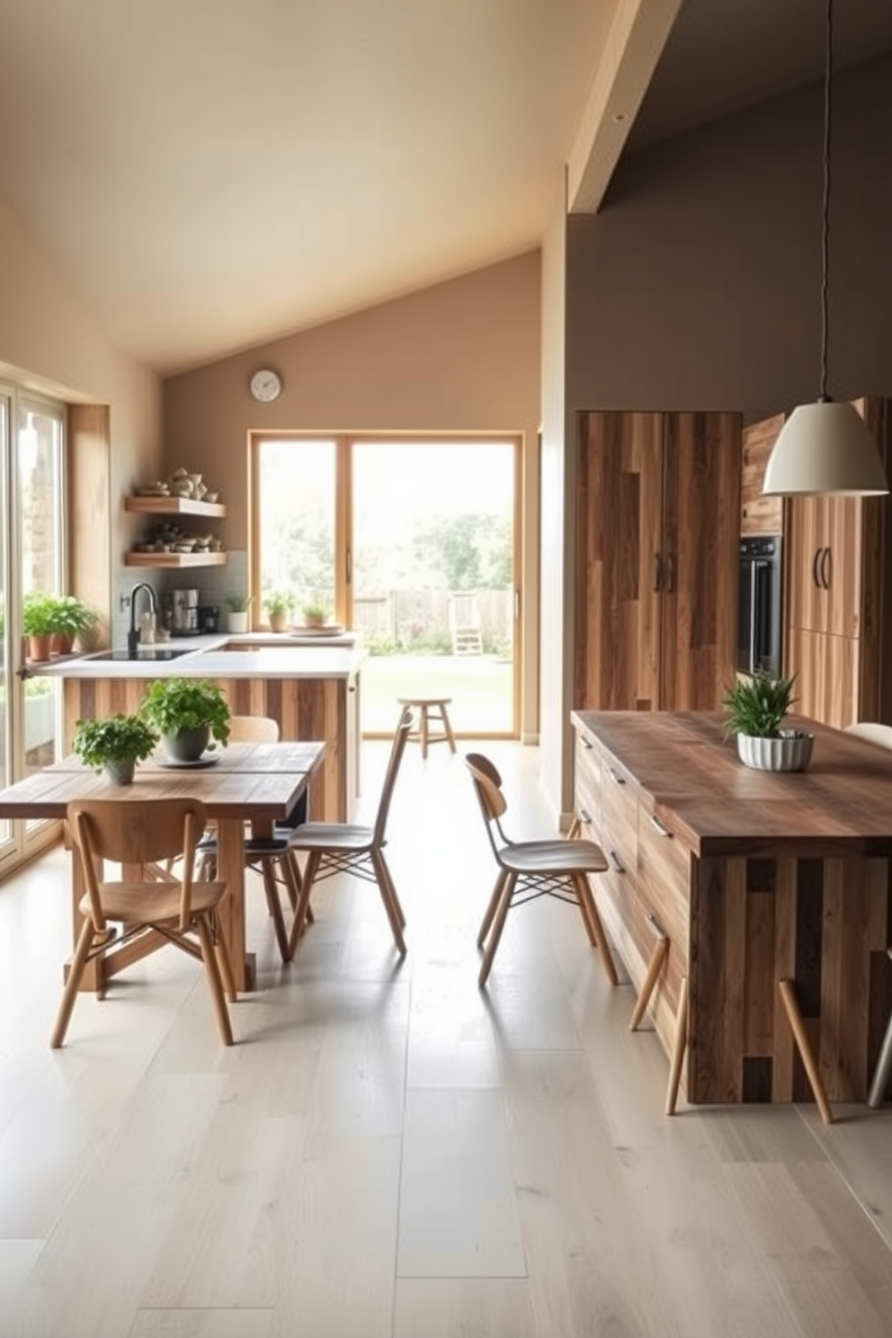 A bright and airy kitchen featuring natural wood cabinetry and a large island made of reclaimed wood. The dining area includes a rustic wooden table surrounded by mismatched chairs made from sustainable materials, with large windows allowing ample natural light to flood the space. The walls are painted in soft earth tones, complementing the natural textures of the materials used. Potted herbs sit on the windowsill, adding a touch of greenery and freshness to the eco-friendly design.