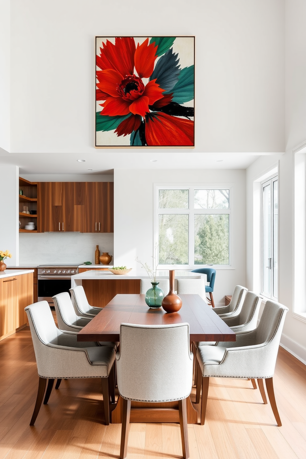 Layered lighting creates a warm and inviting atmosphere in the kitchen dining room. Pendant lights hang above the dining table, complemented by recessed ceiling lights and under-cabinet illumination for a functional yet stylish space. The dining area features a large wooden table surrounded by upholstered chairs that enhance comfort. Soft, neutral tones on the walls and decor create a harmonious balance with the lighting design.