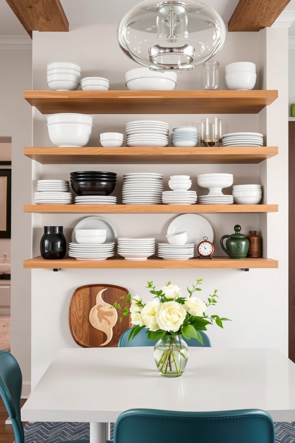 Open shelving creates a functional yet stylish kitchen dining room design. The shelves are filled with neatly arranged dishware and decorative items, enhancing the overall aesthetic while providing easy access.