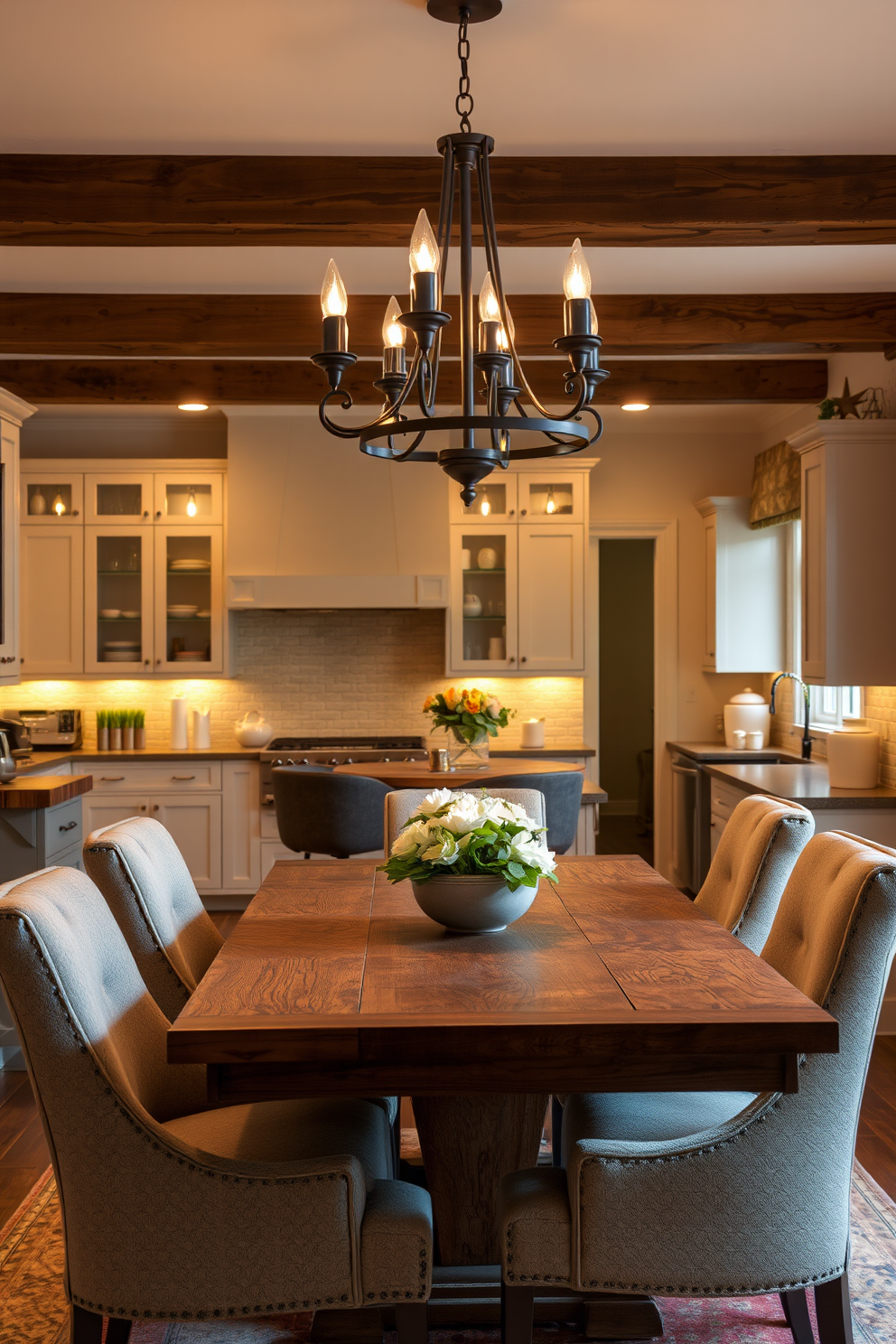 A cozy kitchen dining room featuring warm lighting that creates an inviting atmosphere. The space includes a rustic wooden table surrounded by upholstered chairs, with a stylish chandelier hanging overhead to enhance the ambiance.