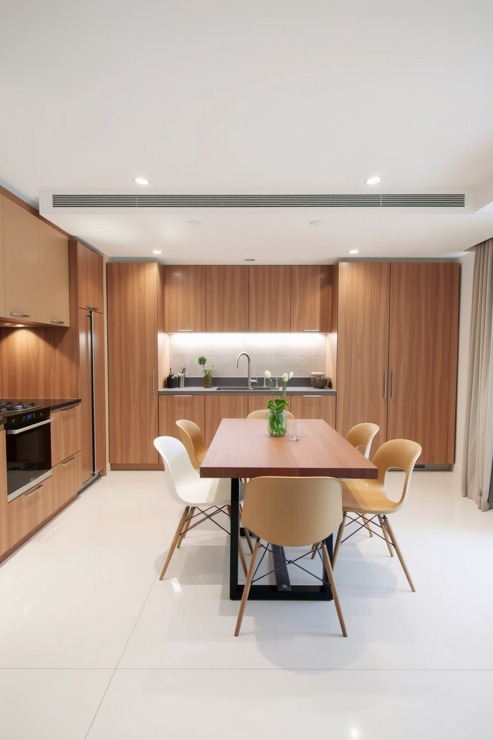 A modern kitchen dining room featuring bold color accents on the cabinets. The cabinets are painted in a vibrant blue with gold hardware, complemented by a sleek white countertop and a stylish island in the center. The dining area showcases a large wooden table surrounded by colorful chairs that match the cabinet accents. Large windows allow natural light to flood the space, highlighting the playful decor and vibrant artwork on the walls.