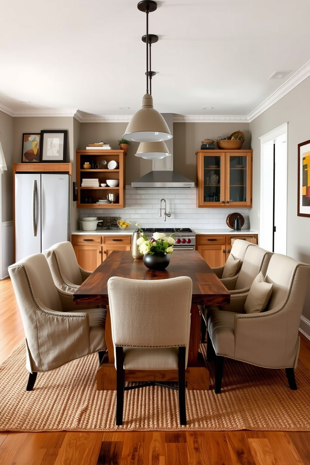 A warm and inviting kitchen dining room with layered textures that create a cozy atmosphere. The dining table features a rustic wooden top paired with soft upholstered chairs in muted tones, while a woven rug adds warmth to the space. The walls are adorned with a combination of open shelving and framed artwork, showcasing a blend of personal touches and functional decor. Soft lighting from pendant fixtures above the table enhances the inviting ambiance, making it the perfect spot for family gatherings.