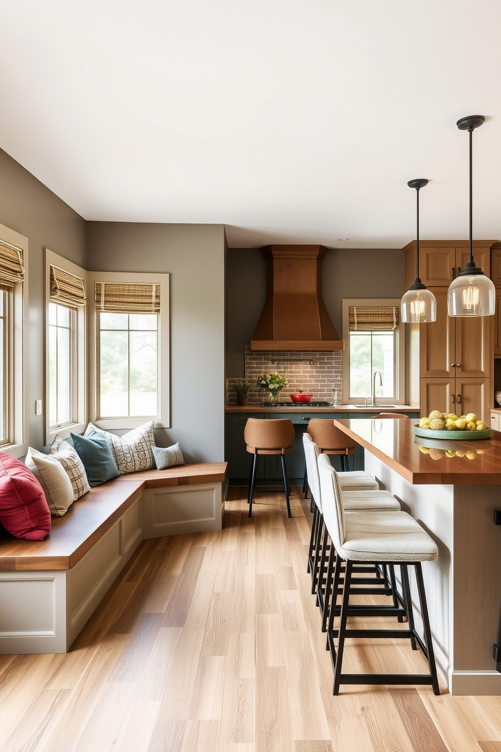 Cozy nook with built-in bench seating. The space is adorned with soft cushions and a rustic wooden table, surrounded by large windows that let in natural light. Kitchen dining room design ideas feature a blend of modern and farmhouse styles. The area includes a spacious island with bar stools, complemented by pendant lighting and warm wood accents.