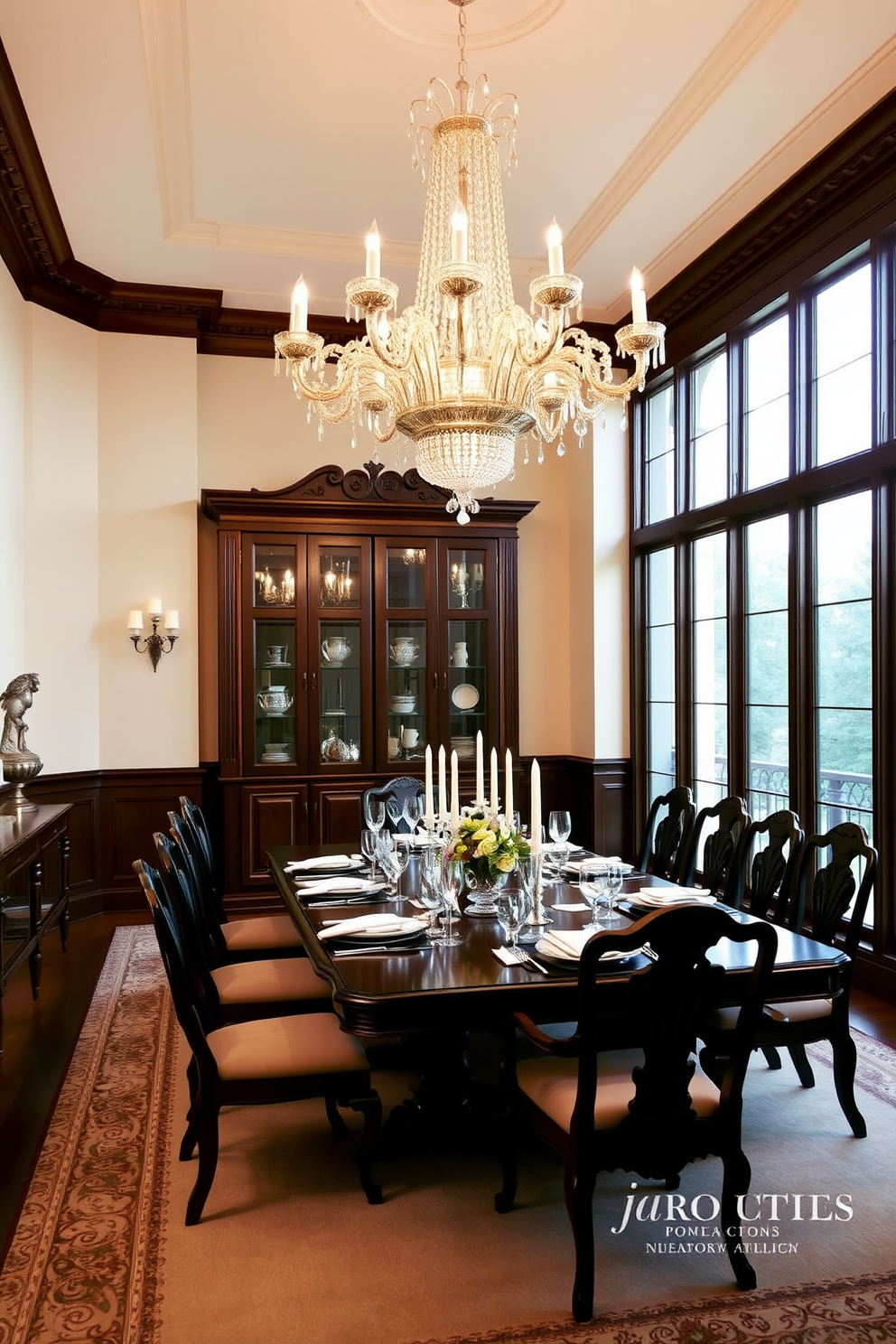 An elegant dining room featuring a stunning chandelier suspended above a large wooden dining table. The table is set with fine china and crystal glassware, creating a luxurious atmosphere. The walls are adorned with soft cream-colored paint, complemented by rich dark wood accents. Large windows allow natural light to fill the space, enhancing the overall elegance of the room.