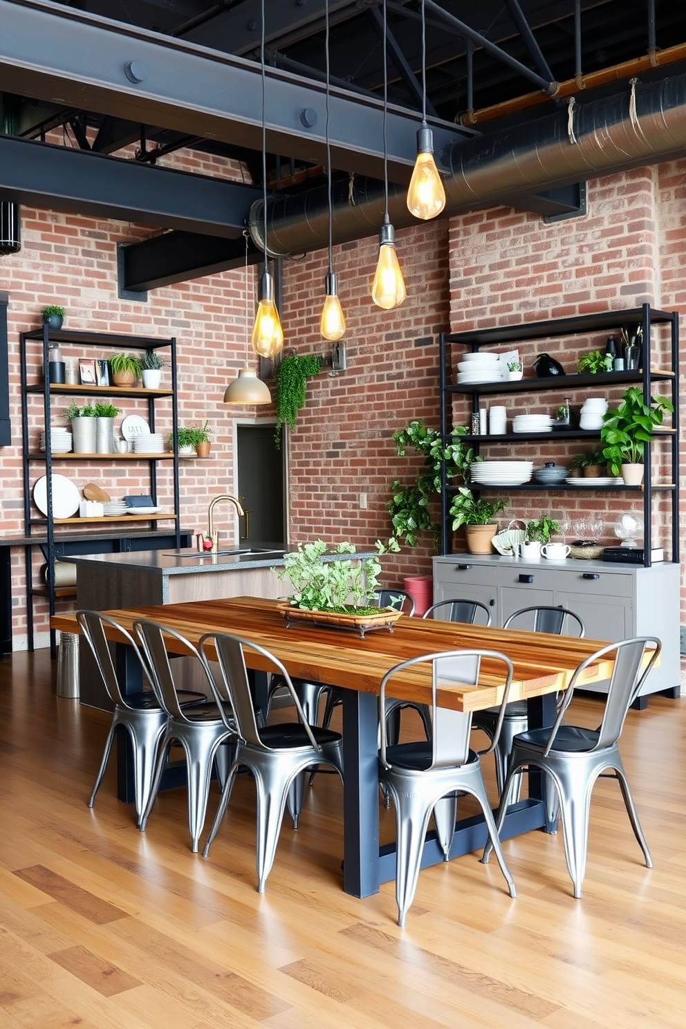 A spacious kitchen dining room with an industrial style featuring exposed brick walls and large metal beams. The dining table is made of reclaimed wood with metal legs, surrounded by mismatched metal chairs for an eclectic touch. Hanging above the table are vintage pendant lights with Edison bulbs, casting a warm glow over the space. A large metal shelving unit against one wall displays an array of plants, cookbooks, and decorative dishware, adding character to the room.