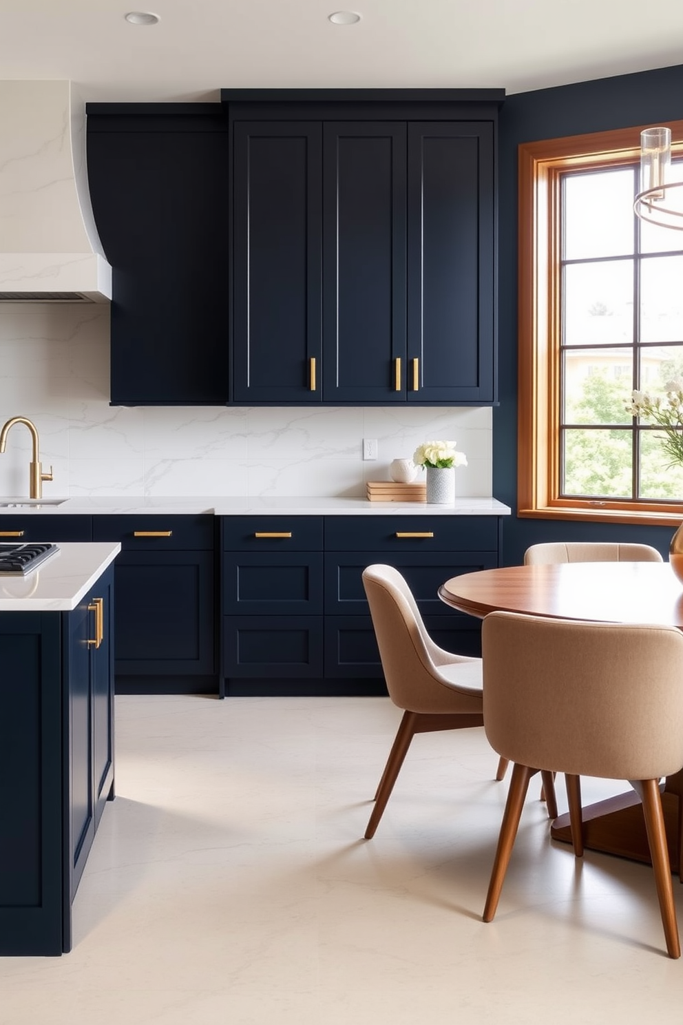 An elegant L-shaped kitchen features sleek cabinetry in a rich navy blue finish, complemented by brushed gold hardware. The countertop is made of white quartz with subtle gray veining, providing a clean and modern look. Adjacent to the kitchen, a dining extension showcases a round wooden table surrounded by upholstered chairs in a soft beige fabric. Large windows allow natural light to flood the space, enhancing the warm and inviting atmosphere.