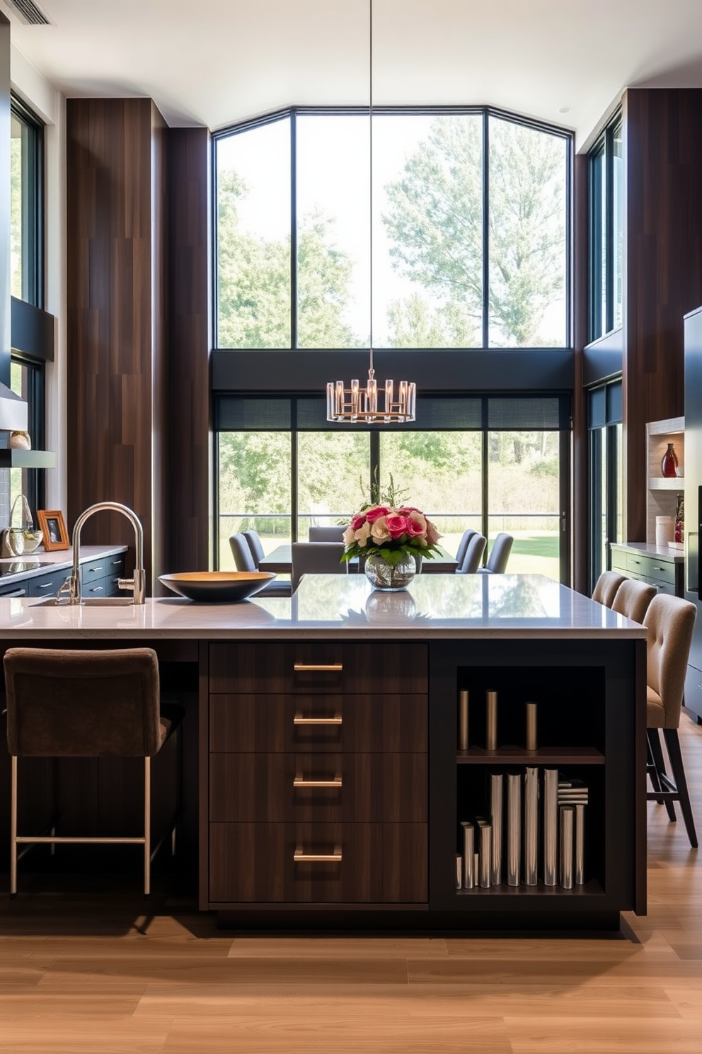 An integrated pantry designed for optimal organization features custom shelving and pull-out drawers for easy access. The space is accented with warm wood tones and soft lighting, creating an inviting atmosphere for meal preparation. The kitchen dining area includes a spacious table surrounded by comfortable seating, perfect for family gatherings. Large windows allow natural light to flood in, enhancing the overall ambiance of the room.