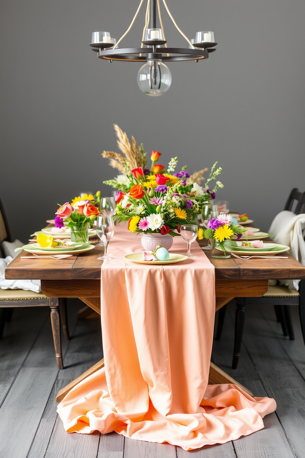 A pastel colored tablecloth drapes elegantly over a rustic wooden dining table. The table is adorned with an array of vibrant floral centerpieces, creating a cheerful and inviting atmosphere for Easter celebrations.