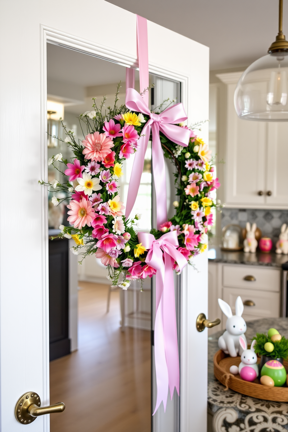 A bright and cheerful table runner in vibrant hues of yellow, pink, and green stretches across a rustic wooden dining table. Fresh flowers in a variety of colors are arranged in a clear glass vase at the center, adding a lively touch to the spring-themed kitchen decor. Easter-themed decorations, such as pastel-colored eggs and bunny figurines, are placed strategically along the table runner. Soft, ambient lighting enhances the festive atmosphere, creating a warm and inviting space for family gatherings.