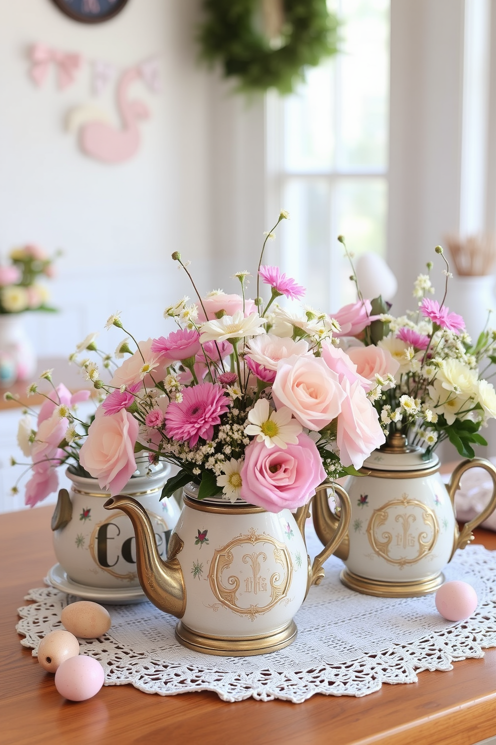 A cozy kitchen adorned with hanging paper lanterns in pastel colors creates a festive atmosphere. The lanterns gently sway above a rustic wooden dining table set for an Easter celebration, complete with vibrant floral arrangements and colorful eggs.