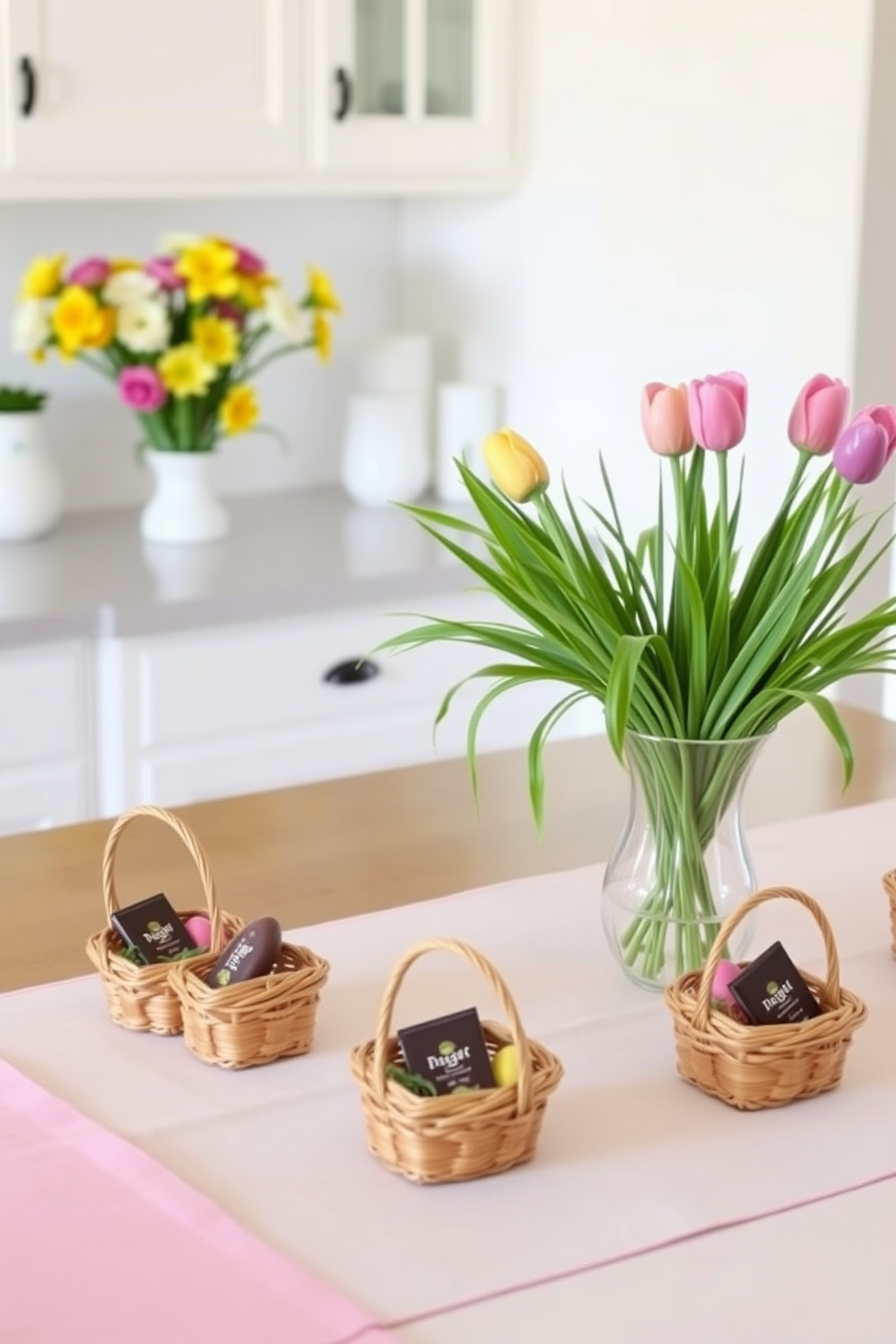 Miniature Easter baskets filled with colorful eggs are arranged on the kitchen countertop, adding a playful touch to the decor. The baskets are placed next to a vase of fresh spring flowers, enhancing the festive atmosphere. On the dining table, smaller Easter baskets serve as individual place settings, each holding a chocolate treat for guests. Soft pastel table linens complement the cheerful decor, creating a warm and inviting ambiance.