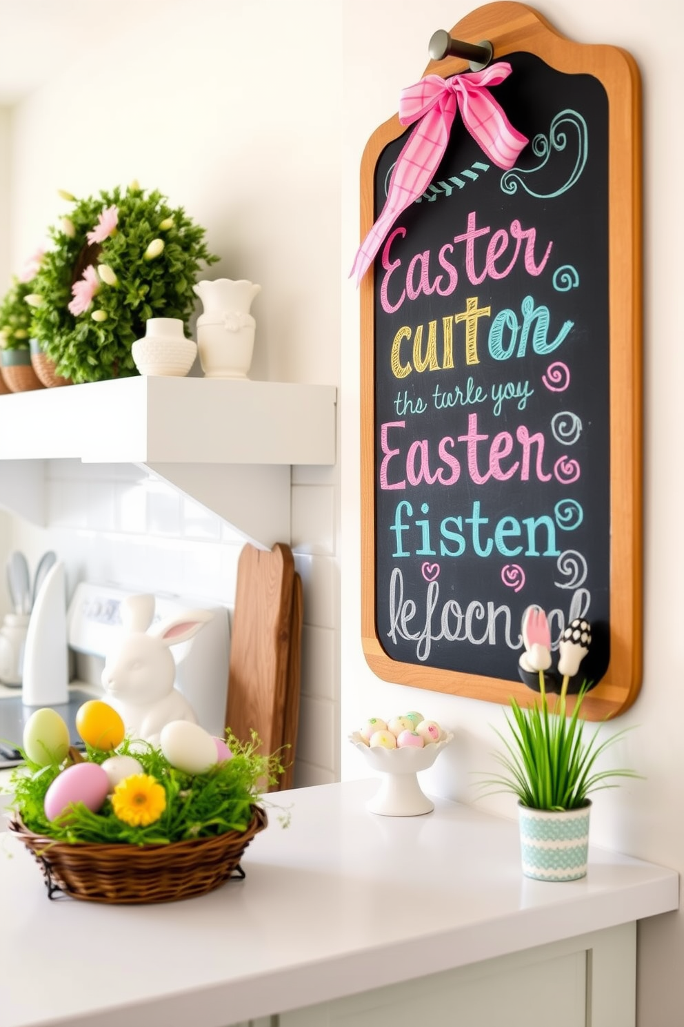 A charming kitchen setting adorned for Easter. A large chalkboard is mounted on the wall, featuring colorful Easter greetings in playful handwriting.