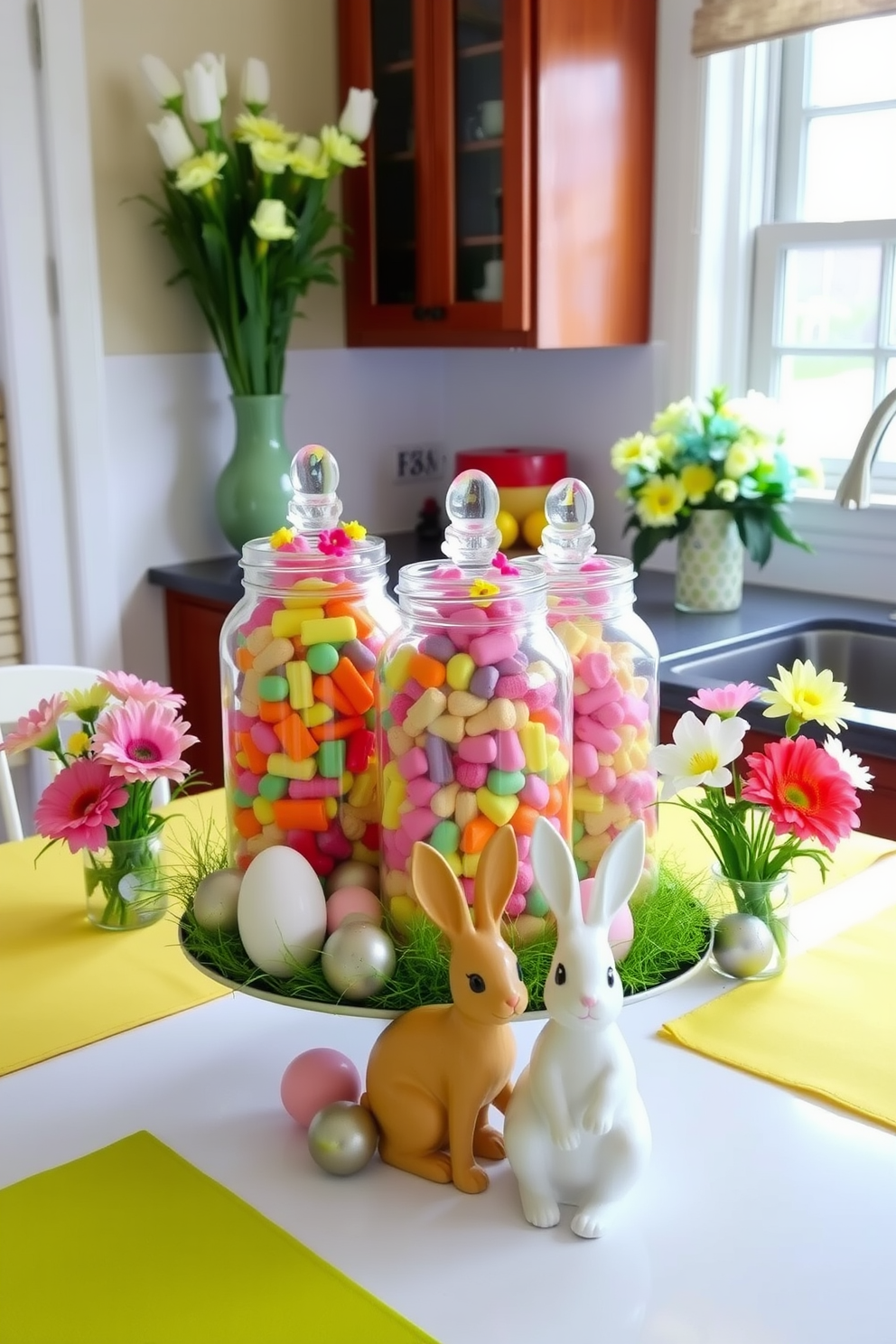 A cheerful kitchen setting for Easter. Clear jars filled with colorful candies are prominently displayed on the countertop, adding a festive touch to the space. Brightly colored table linens and floral arrangements in pastel hues enhance the playful atmosphere. Decorative eggs and bunny figurines are artfully arranged around the jars, creating a delightful holiday centerpiece.