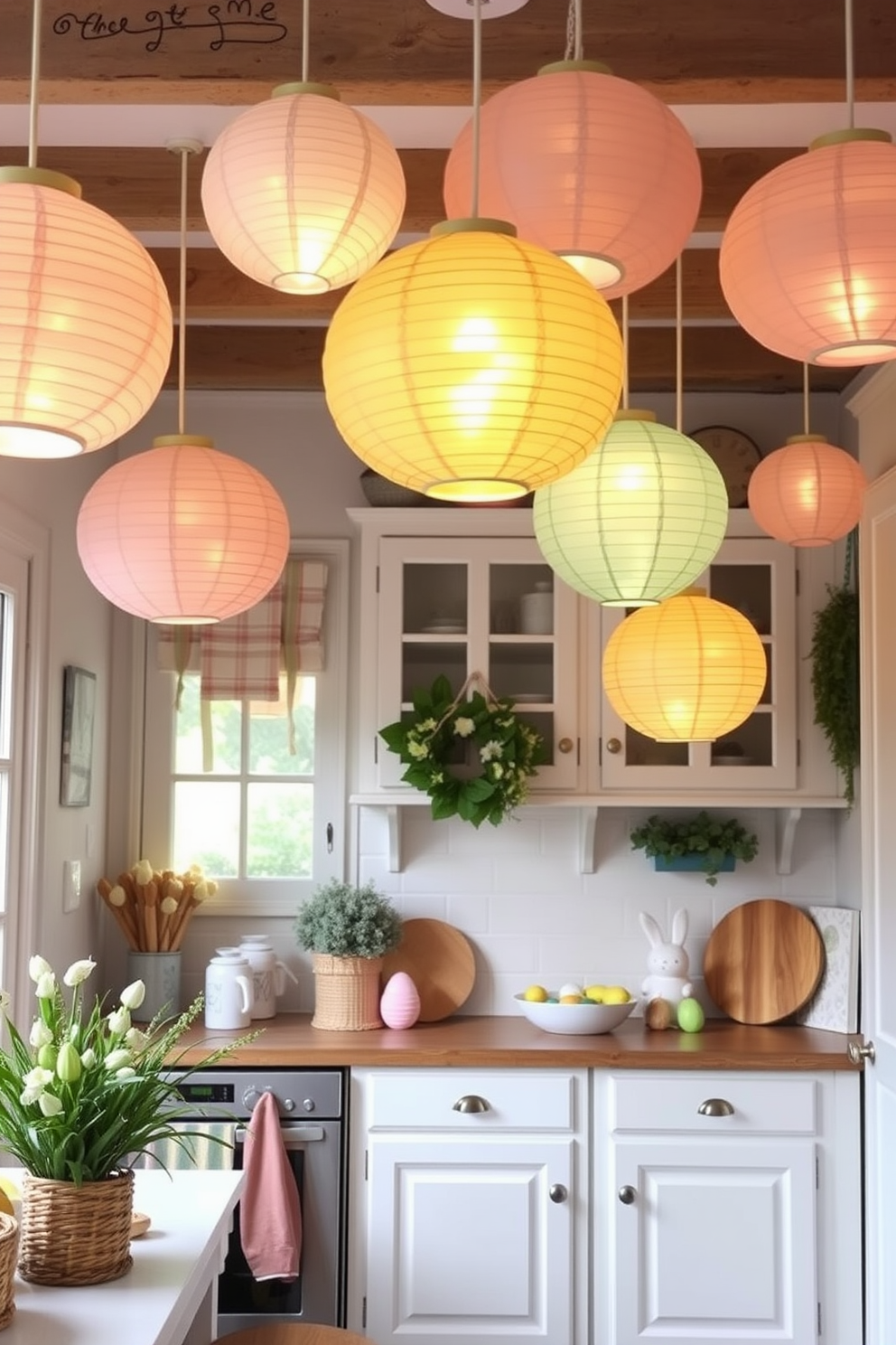 A charming kitchen adorned with hanging paper lanterns in pastel shades. The soft glow of the lanterns creates a warm and inviting atmosphere, complemented by cheerful Easter decorations scattered throughout the space.